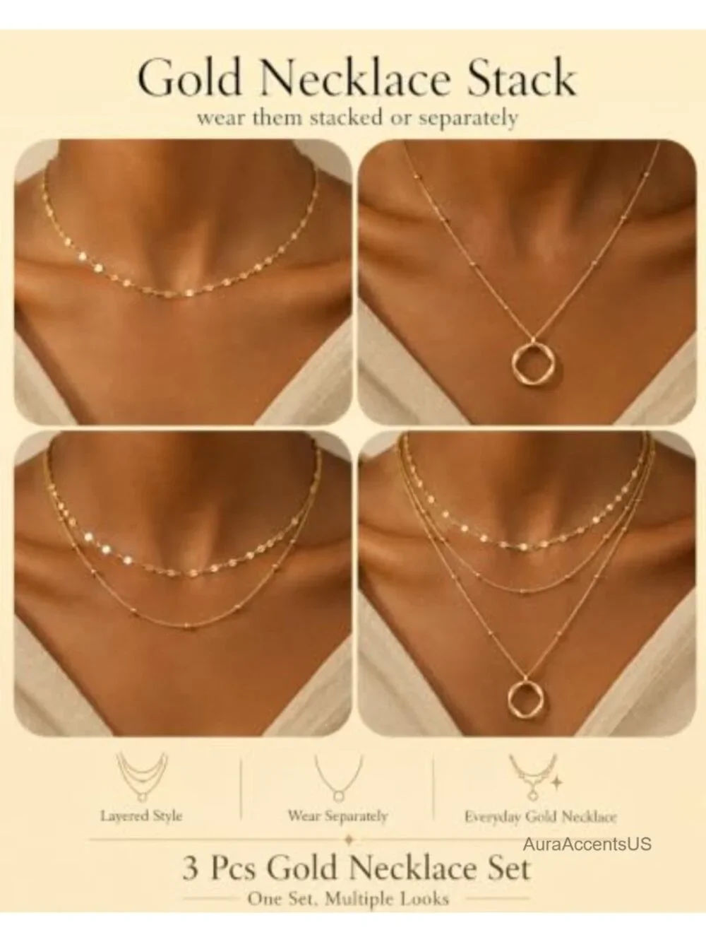 Layered Gold Plated Necklace Set for Women - 14K Gold Stack, Pendant